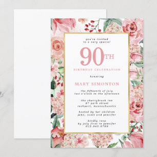 Pink Rose and Hydrangea Floral 90th Birthday Invitation