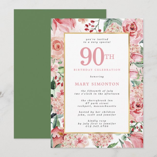 Pink Rose and Hydrangea Floral 90th Birthday Invitation (Front/Back)
