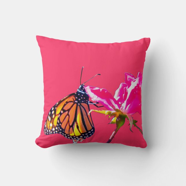 Pink Rose and Monarch Butterfly Pillow (Front)