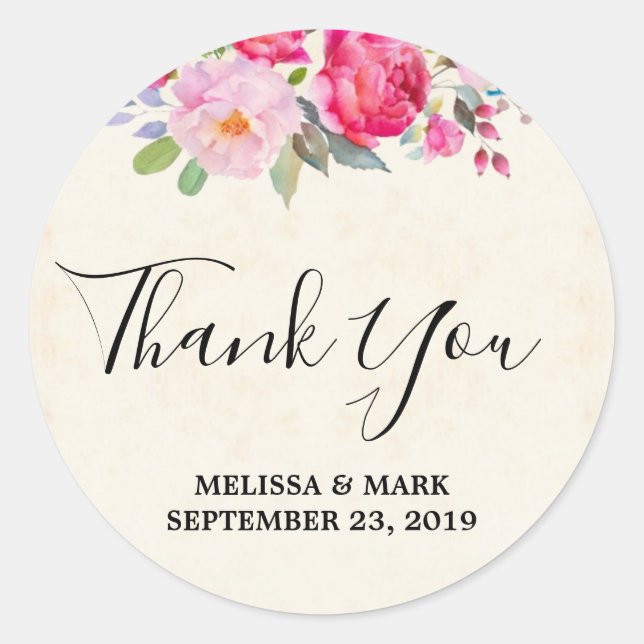 Pink Rose and Peony Border Wedding Thank You Classic Round Sticker (Front)