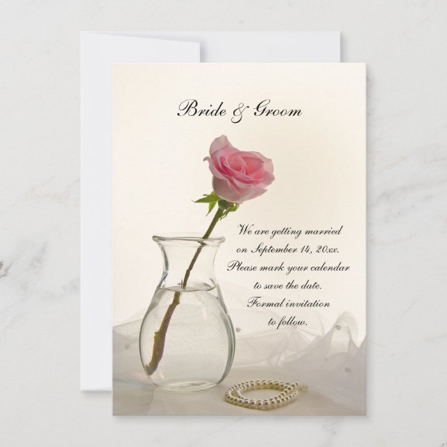 Pink Rose and White Pearls Wedding Save the Date Invitation (Front)