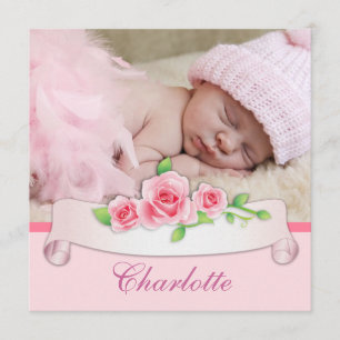 Pink Rose Baby Girl Birth Announcements