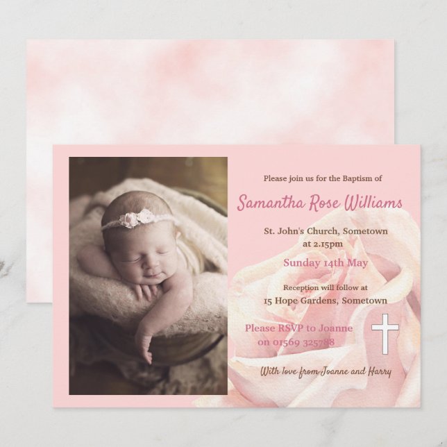 Pink rose baby girl photo Baptism Invitation (Front/Back)