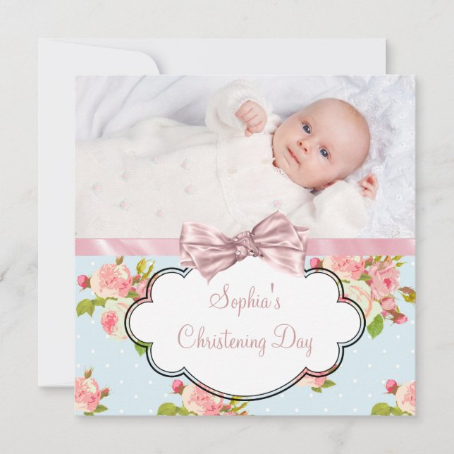 Pink Rose Baby Girl Photo Christening Invitation (Front)