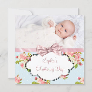 Pink Rose Baby Girl Photo Christening Invitation