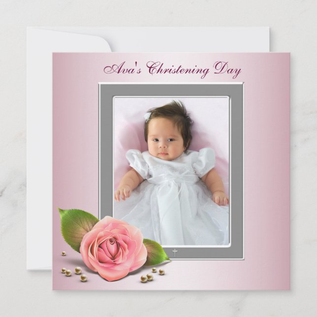 Pink Rose Baby Girl Photo Christening Invitation (Front)
