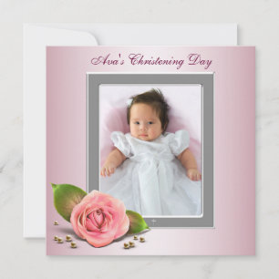 Pink Rose Baby Girl Photo Christening Invitation