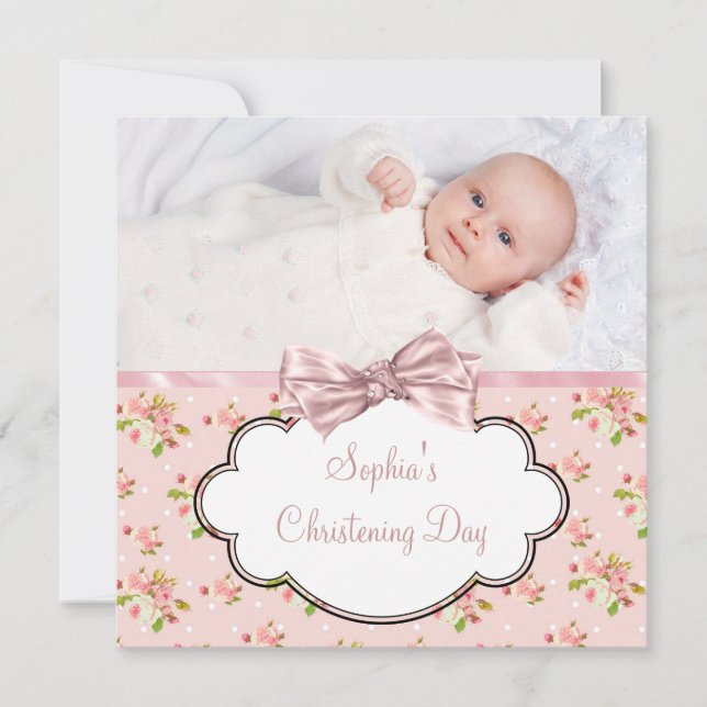 Pink Rose Baby Girl Photo Christening Invitation (Front)