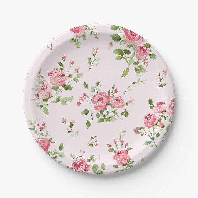Pink Rose Baby Shower Paper Plate (Front)
