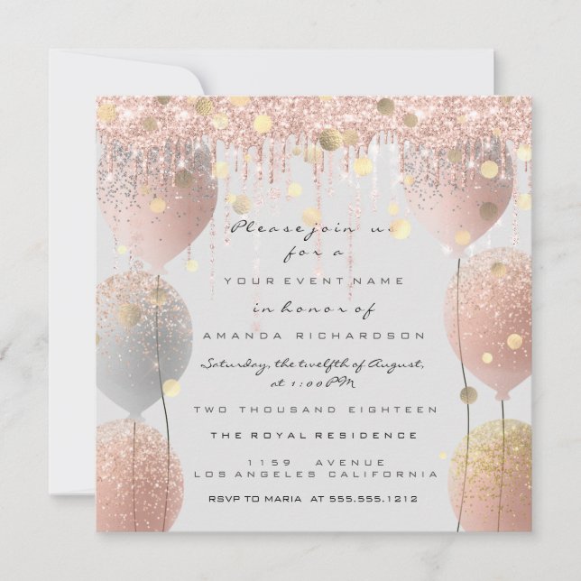 Pink Rose Ballon Sweet 16th Bridal Baby Grey Invitation (Front)