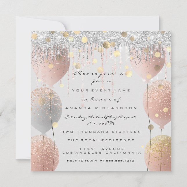 Pink Rose Ballon Sweet 16th Bridal Baby Grey Invitation (Front)
