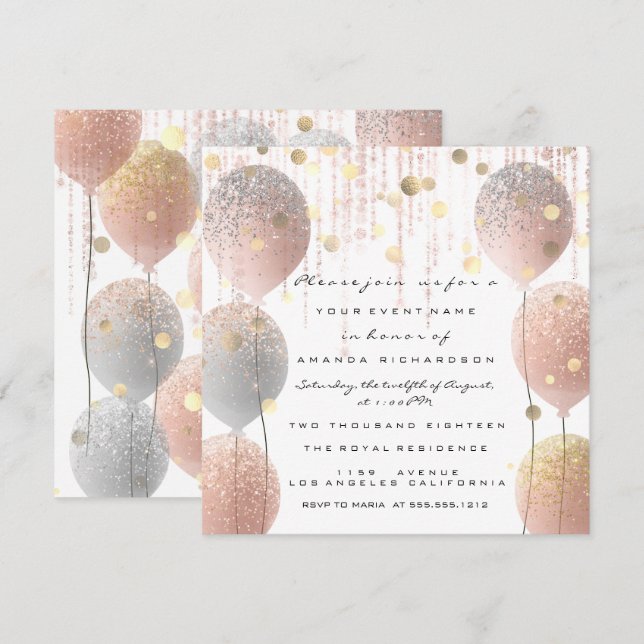 Pink Rose Ballon Sweet 16th Bridal White Bridal Invitation (Front/Back)