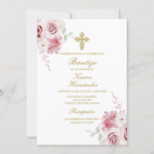 Pink rose Baptism Spanish Invitation