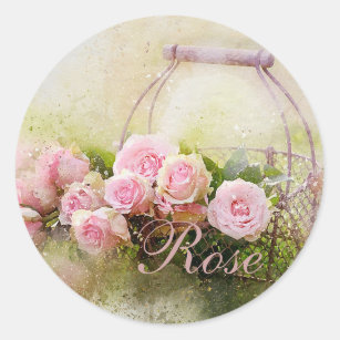 Pink Rose Basket Classic Round Sticker