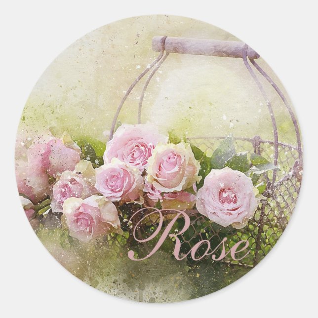 Pink Rose Basket Classic Round Sticker (Front)