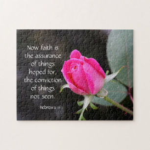 Pink Rose, Bible verse (Hebrews) on faith & hope Jigsaw Puzzle