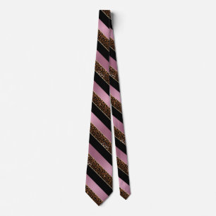 Pink Rose, Black and Leopard Stripe Pattern Design Tie