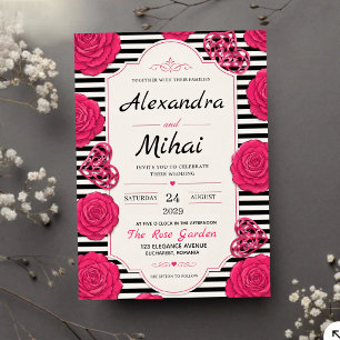 Pink Rose Black and White Stripe Floral  Acrylic Invitations