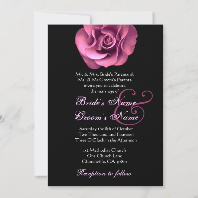 Pink Rose Black Background Wedding Invitation (Front)