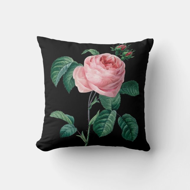 Pink rose black floral cushion (Front)