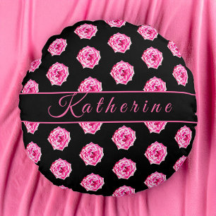 Pink Rose Black Personalised Round Cushion