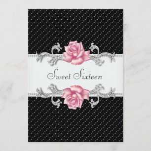 Pink Rose Black Polka Dot Sweet Sixteen Birthday Invitation