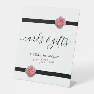 Pink Rose Black Ribbon Wedding Cards & Gifts Pedestal Sign