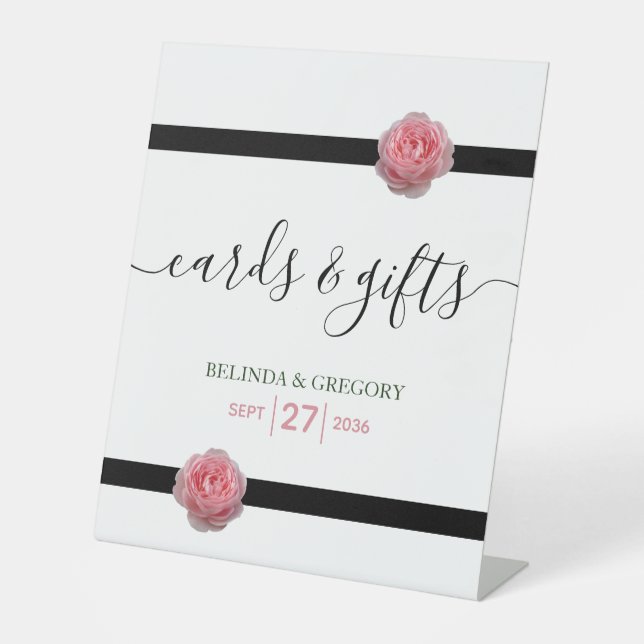 Pink Rose Black Ribbon Wedding Cards & Gifts Pedestal Sign (Front)