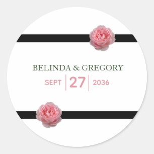 Pink Rose Black Ribbon Wedding Classic Round Sticker