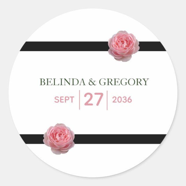 Pink Rose Black Ribbon Wedding Classic Round Sticker (Front)