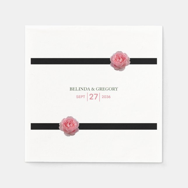 Pink Rose Black Ribbon Wedding  Napkin (Front)