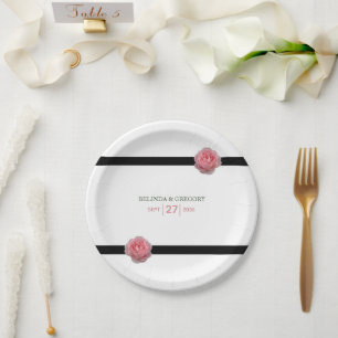 Pink Rose Black Ribbon Wedding  Paper Plate