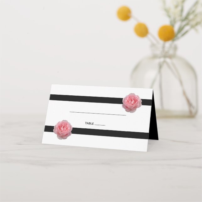 Pink Rose Black Ribbon Wedding Place Card (Front)