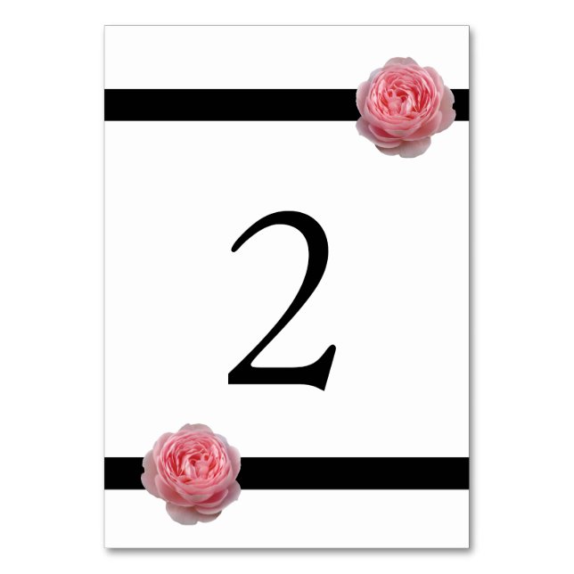 Pink Rose Black Ribbon Wedding Table Number (Front)