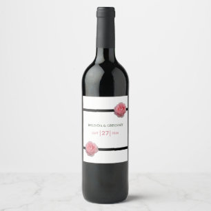 Pink Rose Black Ribbon Wedding Wine Label
