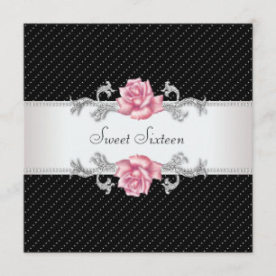 Pink Rose Black Sweet16 Birthday Party Invitation