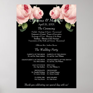 Pink Rose black vintage Wedding Ceremony Program Poster