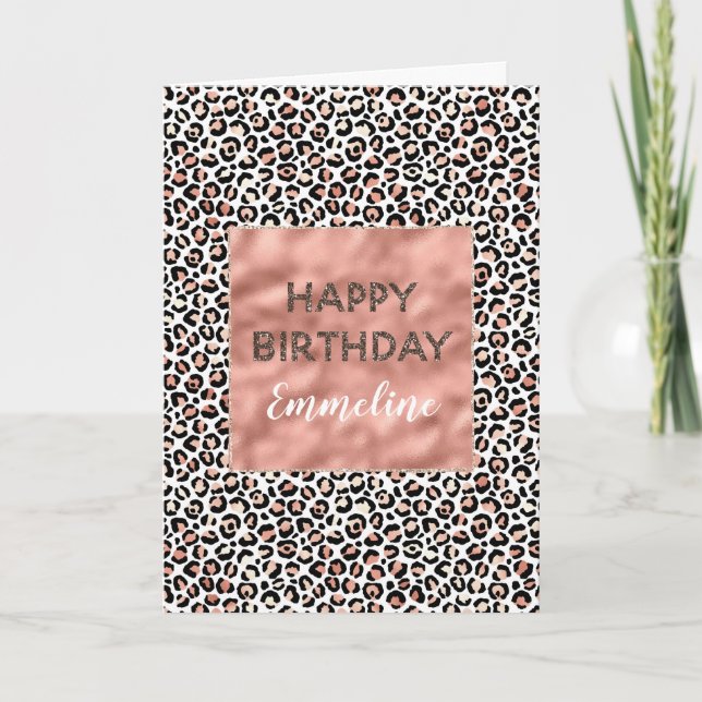 Pink Rose Black White Leopard Card (Front)