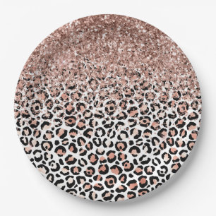 Pink Rose Black White Leopard Glitter Sparkle Paper Plate