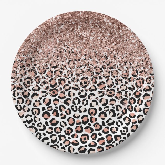 Pink Rose Black White Leopard Glitter Sparkle      Paper Plate (Front)