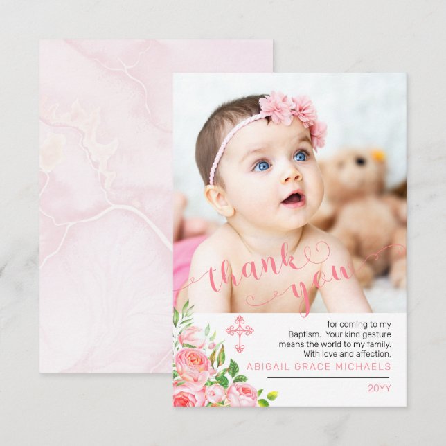Pink Rose Blooms Baptism Photo Thank You (Front/Back)