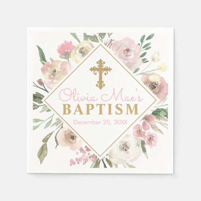 Pink Rose Blooms Girl Baptism Napkin (Front)