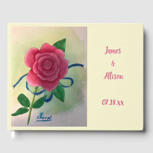 Pink Rose Blue Ribbon Wedding Guestbook (Front)