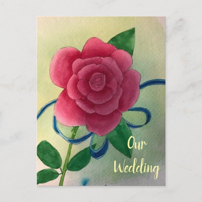 Pink Rose Blue Ribbon Wedding Invitation Postcards (Front)