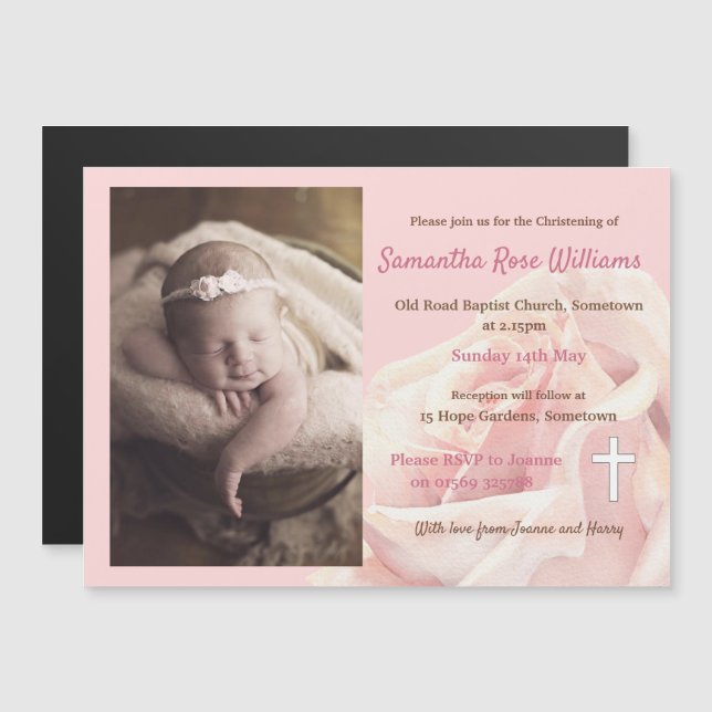 Pink rose blush Christening Magnetic Invitation (Front/Back)