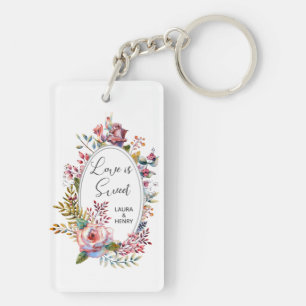 Pink Rose Blush Floral Frame Wedding Keychain