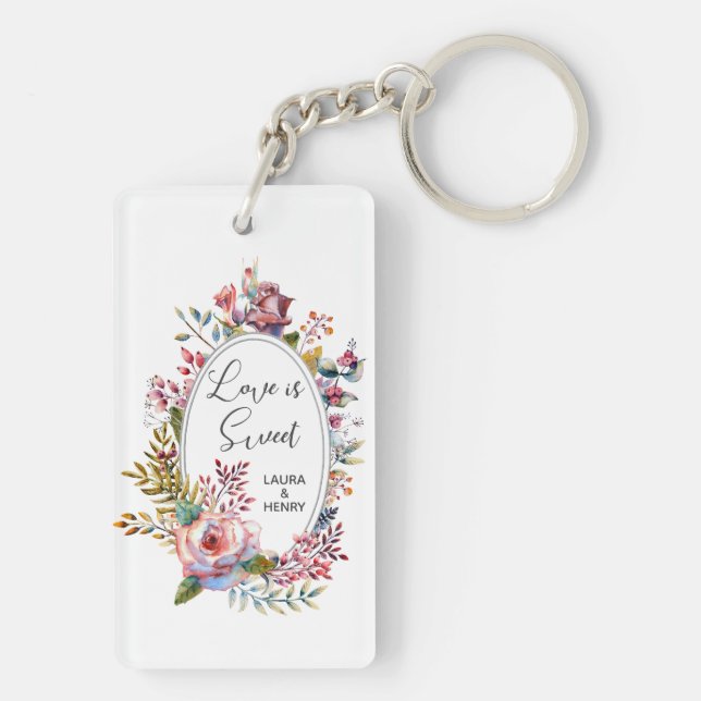 Pink Rose Blush Floral Frame Wedding Keychain (Back)