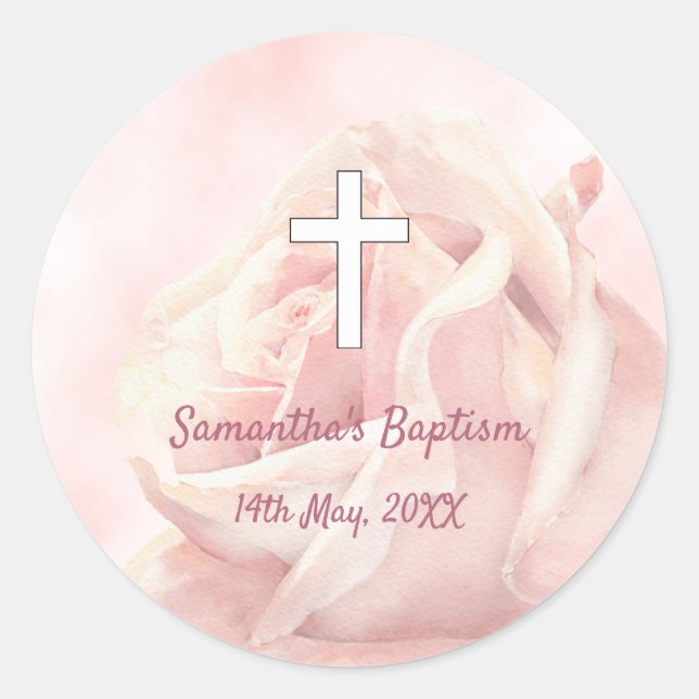 Pink rose blush girl Baptism Classic Round Sticker (Front)