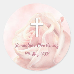 Pink rose blush girl Christening Classic Round Sticker