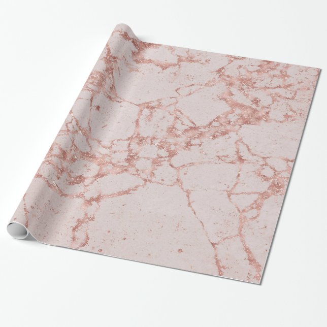 Pink Rose Blush Glitter Marble Glossy Wrapping Paper (Unrolled)